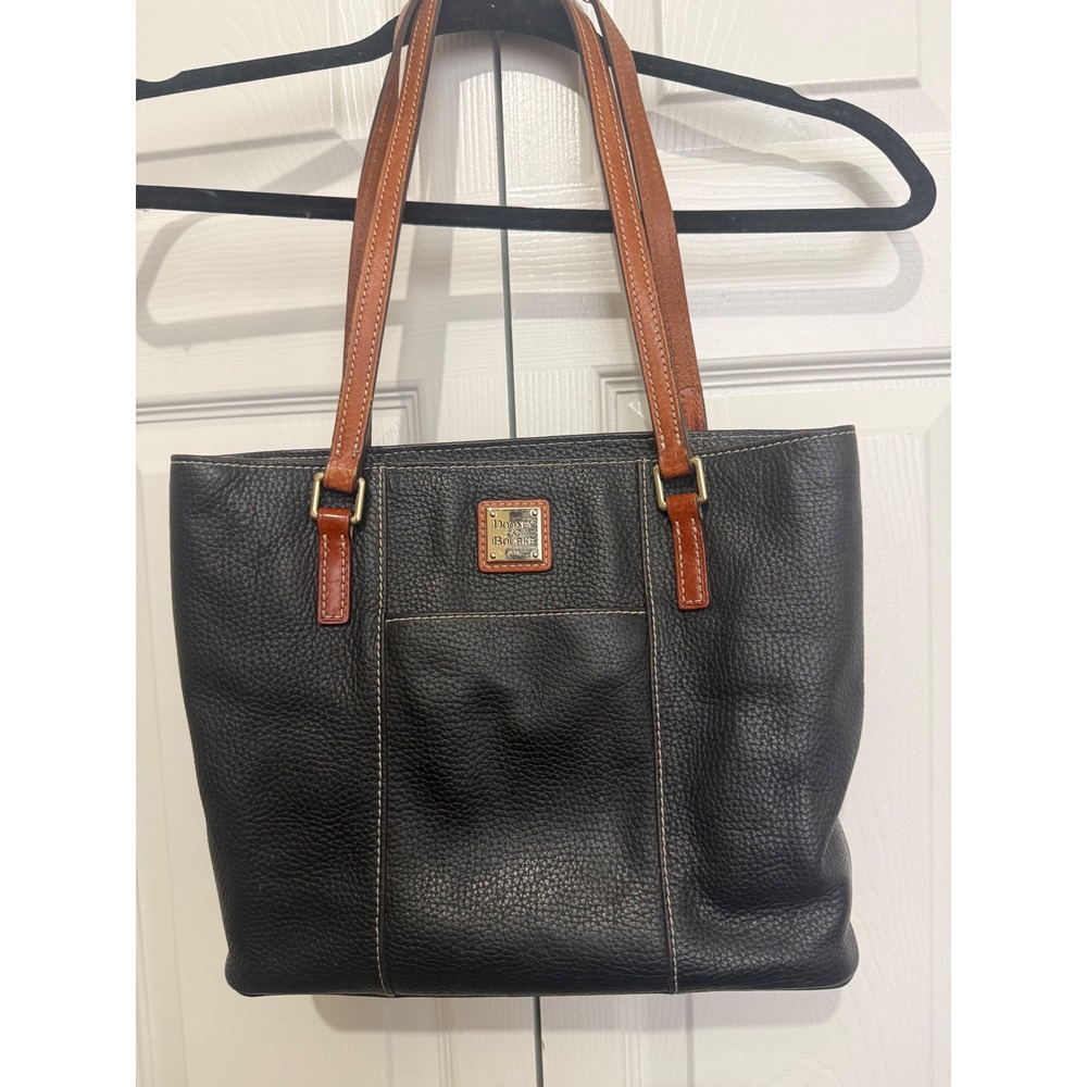 Dooney & Bourke Lexington Shopper Black Leather Tote Brown Straps Gold Hardware